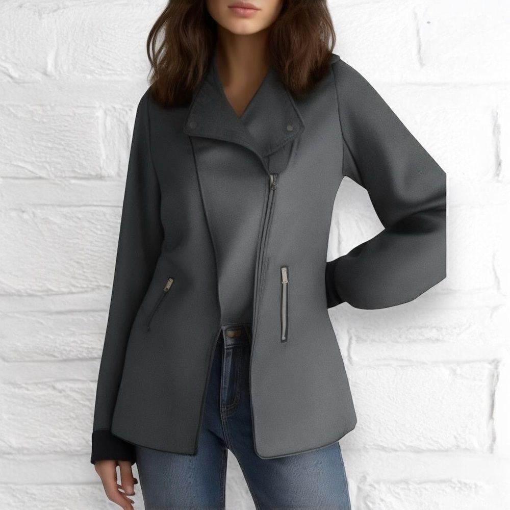 Miss London Womens Medium Charcoal Gray Asymmetric Zip Urban Mod Wool Blend Coat - Picture 2 of 15